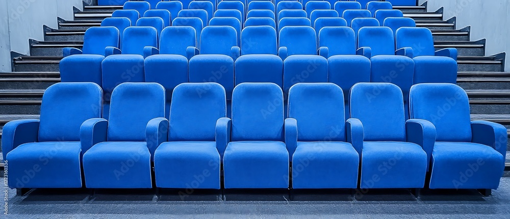 Fototapeta premium A theater showcasing blue seats in organized rows, accommodating spectators, with a blank space for text.