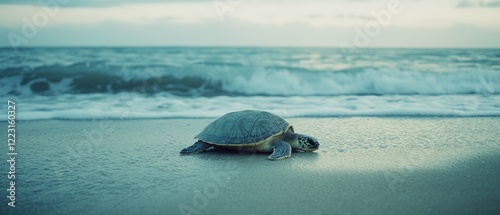 A lone sea turtle makes its way across the beach toward the ocean, embodying persistence and a connection to nature's cycles. photo