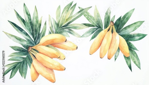 Vibrant watercolor illustration of banana clusters surrounded by lush green leaves, showcasing nature's beauty