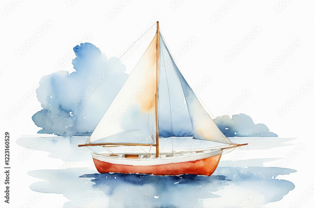 Fototapeta premium Watercolor drawing of a sailboat on the waves on a white background