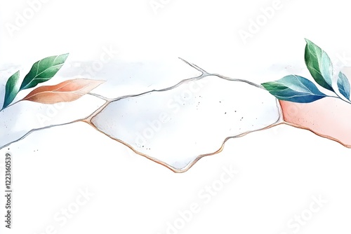 Decorative watercolor illustration featuring cracked tiles with green and peach leaves