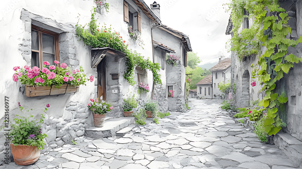 Fototapeta premium Flower-filled stone street, idyllic village, mountain backdrop, postcard