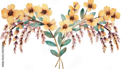 Vibrant watercolor illustration of yellow flowers and delicate blossoms on a white background