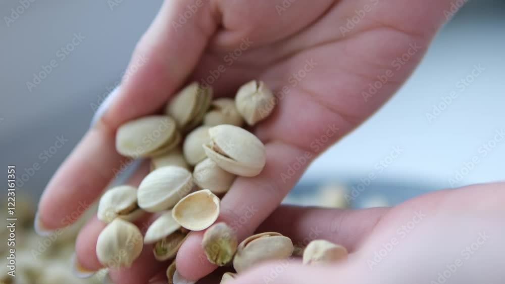 Slow motion man take roasted salted pistachios from white bowl on black paper background