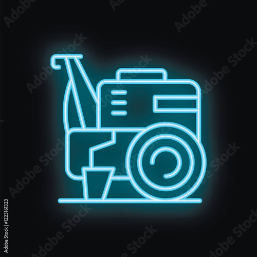 Blue glowing neon icon of a snow thrower removing snow on black background