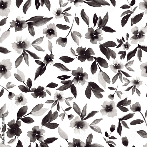 Beautiful seamless pattern with black flowers on a transparent background, created from a watercolor painting
