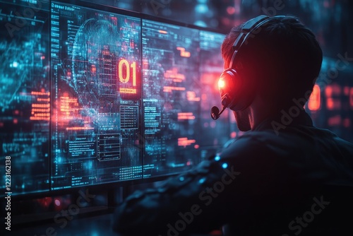 Wallpaper Mural An abstract depiction of a 911 emergency call center, with glowing screens, busy operators wearing headsets, and urgent digital data overlays, copy space background Torontodigital.ca