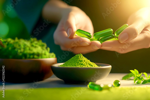 Hands holding green capsules with powder. photo