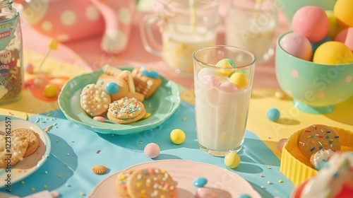 Capture a childhood snack setup with colorful cookies, milk glasses, and nostalgic toys, styled on a cheerful table.  photo