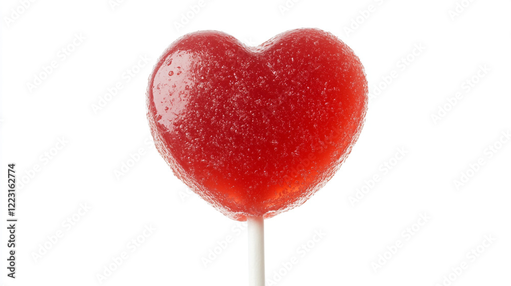 Heart-shaped lollipop on a stick showcasing vibrant red color and shiny surface Heart-shaped lollipop on a stick showcasing vibrant red color and shiny surface