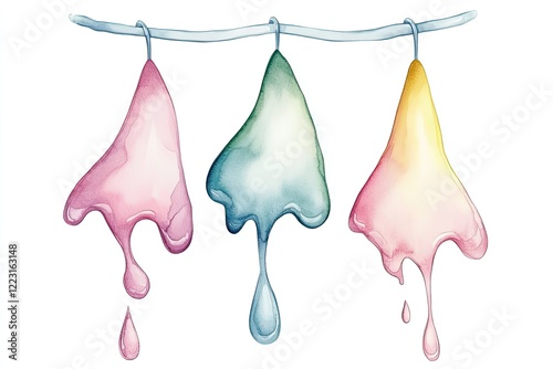 Colorful drips of paint hanging on a wire, showcasing a vibrant artistic display in a creative setting