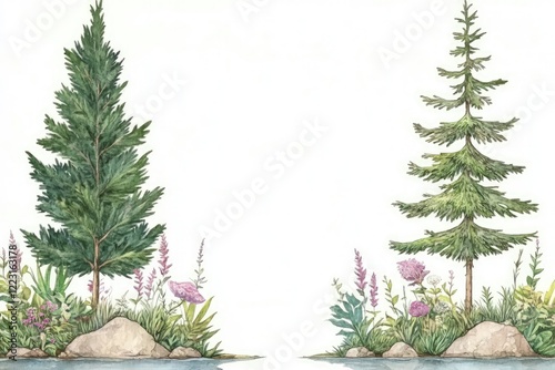 Serene Landscape with Lush Green Trees, Colorful Flowers, and Tranquil Waters in Nature