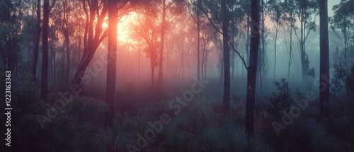 Sunlight filters through a misty forest, casting an enchanting glow and creating a mystical ambiance, as tall trees fade gently into the foggy distance. photo