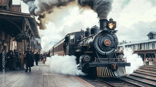 Vintage steam train arriving at an old railway station