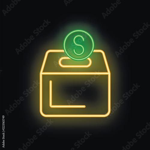 Neon donation box with dollar coin dropping inside glowing on dark background