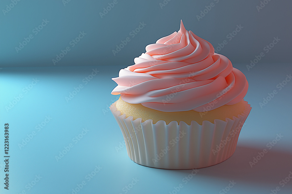 Delicious cupcake with pink frosting on a blue background, dessert food photography Delicious cupcake with pink frosting on a blue background, dessert food photography
