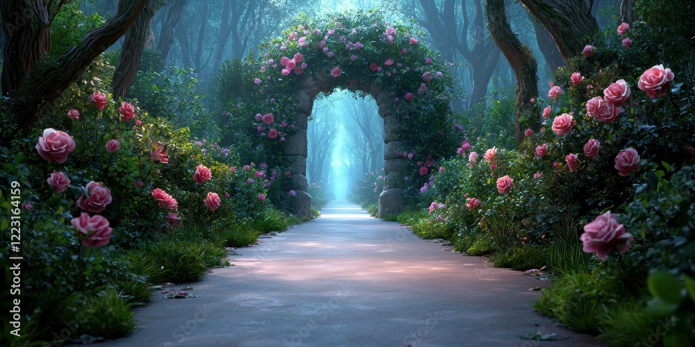 Fototapeta premium Valentine theme concept. A serene path through a lush, flower-filled archway, illuminated by soft light, creating a tranquil, enchanting atmosphere.