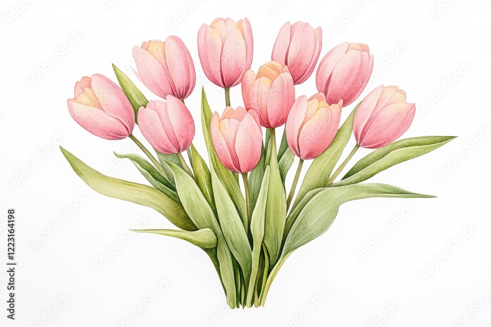 A vibrant bouquet of pink tulips with lush green leaves against a white background A vibrant bouquet of pink tulips with lush green leaves against a white background