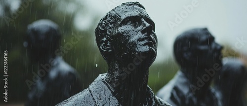 Rain-soaked statues gaze upward, their dark patina glistening, set against a blurred background of deep green trees and overcast skies. photo