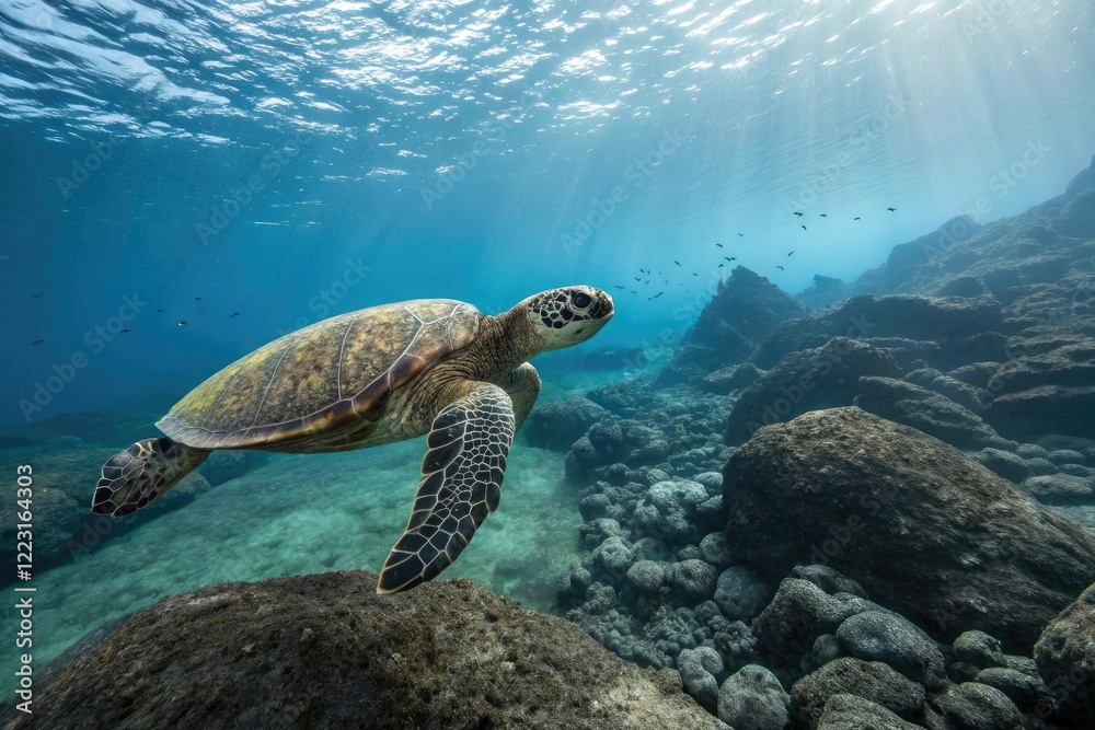Obraz premium Ancient sea turtle species megalochelys in a rocky sea, ocean history, megalochelys, fossil record