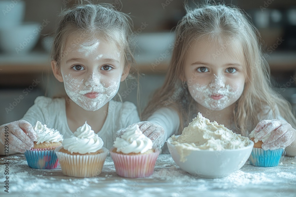 Two young girls baking in a cozy kitchen, with flour on their faces, bowls of batter, and colorful cupcakes in the foreground, copy space background Two young girls baking in a cozy kitchen, with flour on their faces, bowls of batter, and colorful cupcakes in the foreground, copy space background