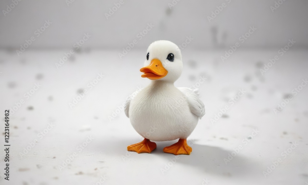An empty white surface featuring a small duck toy as the only object, alone, empty white surface, isolated An empty white surface featuring a small duck toy as the only object, alone, empty white surface, isolated