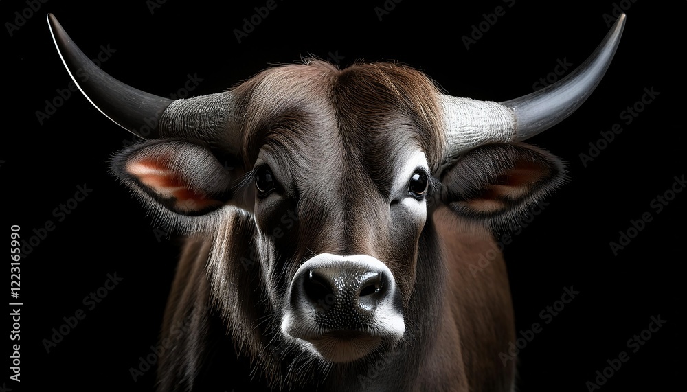close-up of cow face with long curved horns, soft brown fur, expressive dark eyes, prominent ears, glossy textured nose, dark background, livestock portrait photography
close-up of cow face with long curved horns, soft brown fur, expressive dark eyes, prominent ears, glossy textured nose, dark background, livestock portrait photography