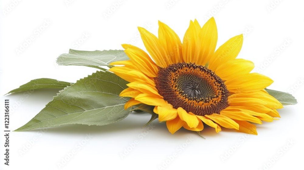 Obraz premium Vibrant Single Sunflower with Lush Green Leaves Isolated on White Background