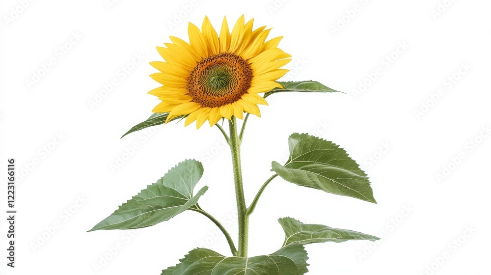 Obraz premium Vibrant Single Sunflower with Lush Green Leaves Isolated on White Background
