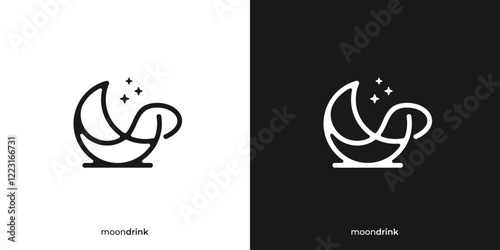 Simple Moon Drink Logo. Coffee Mug and Crescent Moon Graphic Icon. Midnight Drinks Logo Design Template.