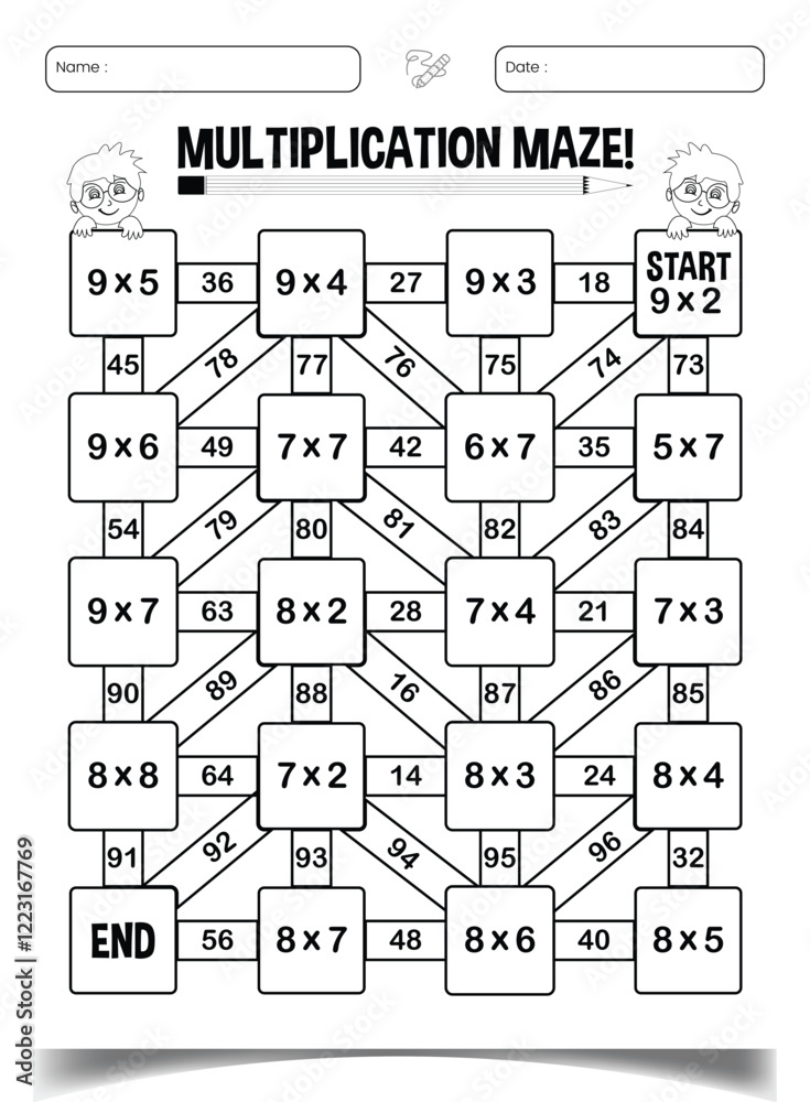 Obraz premium Multiplication maze puzzle worksheet for children