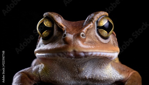 close-up portrait of a frog with striking golden eyes and textured skin on a black background
 photo