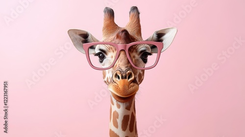 Portrait of a giraffe in big pink glasses on the pink background 