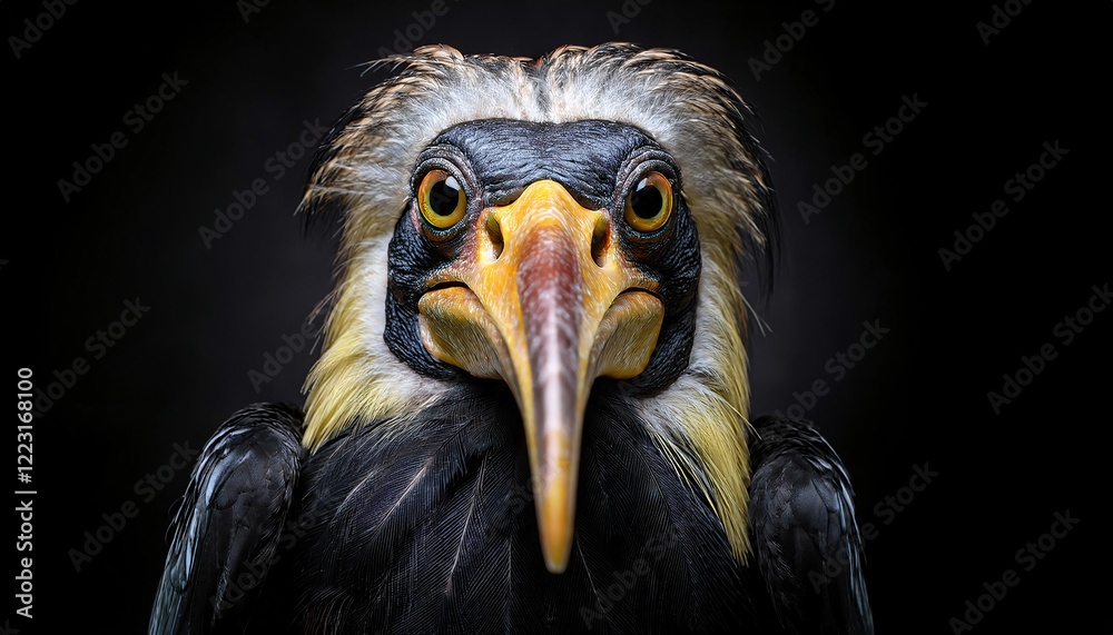 Obraz premium close-up front-facing portrait of a hornbill with vibrant yellow beak and striking plumage on a black background 