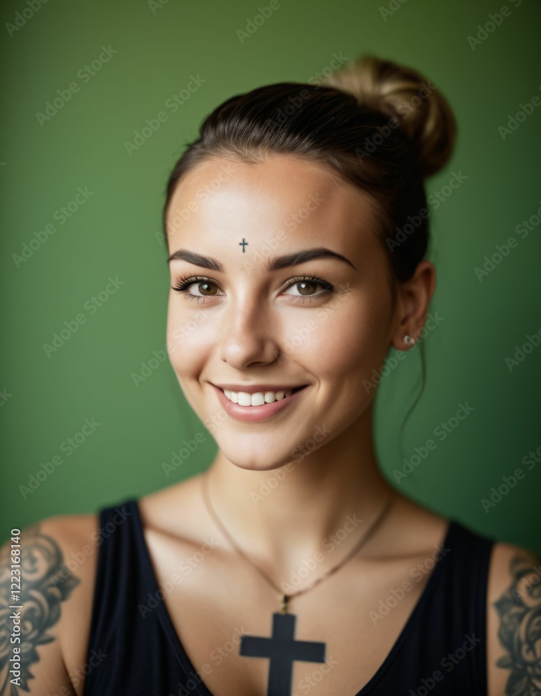 Fototapeta premium a young woman with a cross tattooed on her forehead