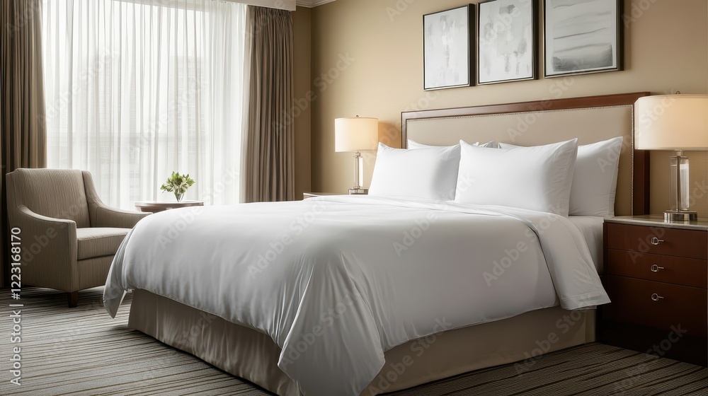 Fototapeta premium Elegant and Clean Hotel Room Setup Featuring Fresh White Bedding, Cozy Chair, and Stylish Décor for Relaxation and Comfort in Modern Hospitality