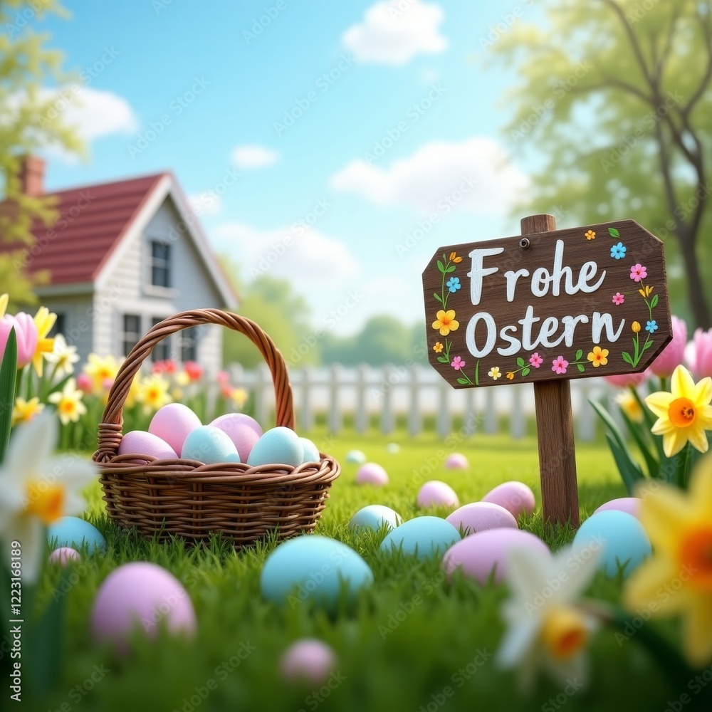 Easter egg hunt scene. A wicker basket filled with pastel-colored eggs sits amidst a vibrant spring garden with scattered eggs and a wooden sign wishing