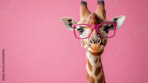 Portrait of a giraffe in pink glasses on the pink background with a copy space