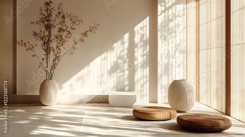 Neutral serene shadows with gentle gradients harmonious light patterns and a soothing abstract aesthetic modern style Tranquil and calming minimalist interior design with natural materials