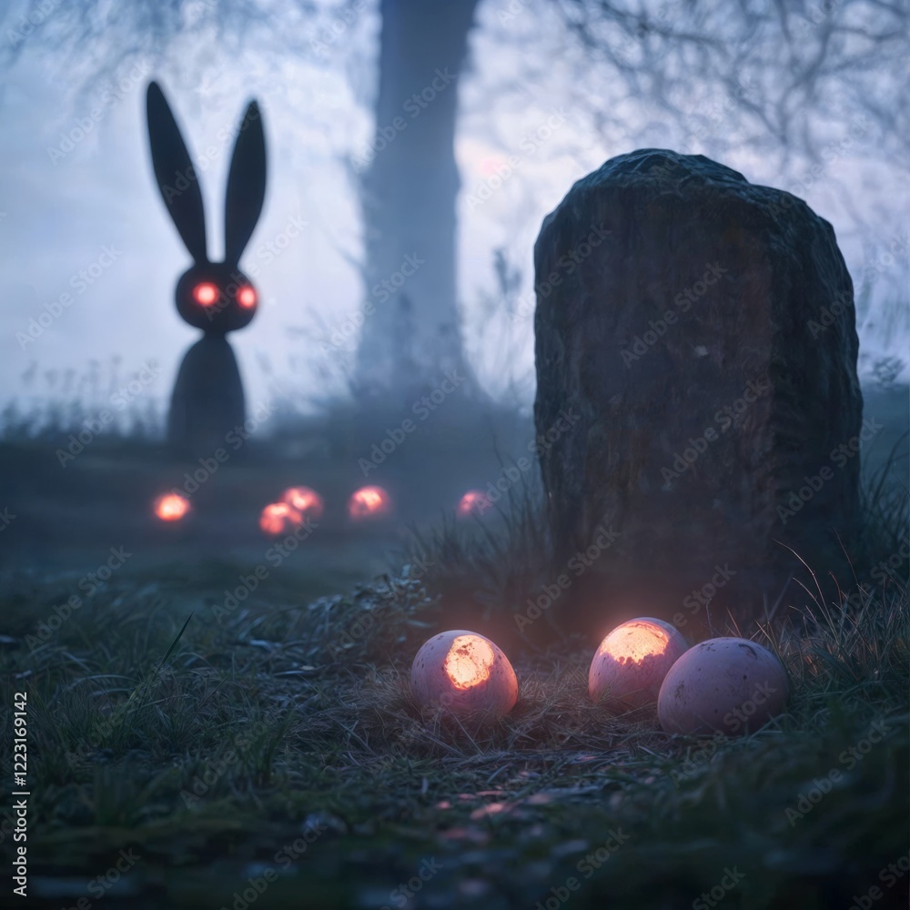 Eerie glowing eggs and rabbit. A dark, misty scene with glowing eggs and a silhouette of a rabbit with glowing eyes, creating a mysterious and eerie atmosphere.