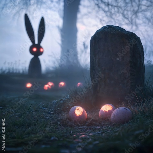 Obraz na płótnie Eerie glowing eggs and rabbit. A dark, misty scene with glowing eggs and a silhouette of a rabbit with glowing eyes, creating a mysterious and eerie atmosphere. w salonie