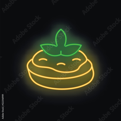 Glowing neon sign depicting a bowl of hummus with a basil leaf on top, in a kawaii style, against a black background