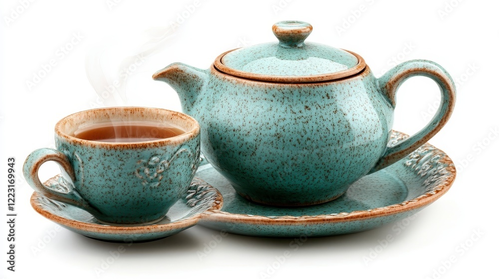 Steaming Cup and Teapot Set Rustic Teal Ceramic Teaware Hot Beverage Steaming Cup and Teapot Set Rustic Teal Ceramic Teaware Hot Beverage