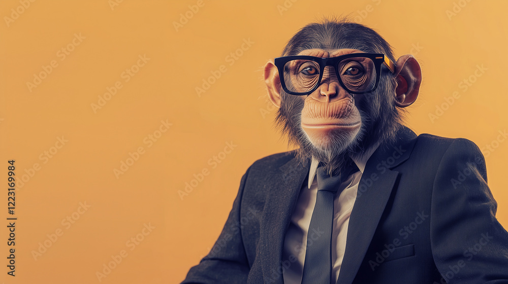 Chimpanzee in a suit and glasses with an orange background. Chimpanzee in a suit and glasses with an orange background.