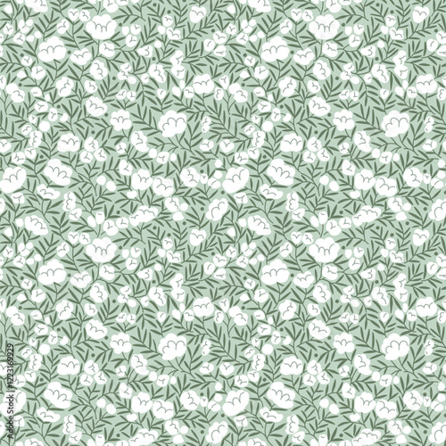 Cute floral pattern in the small peonies flowers. Floral pattern. Roses flowers on light blue background. Printing with small white flowers. Ditsy print. Seamless vector texture. Spring bouquet. Stock