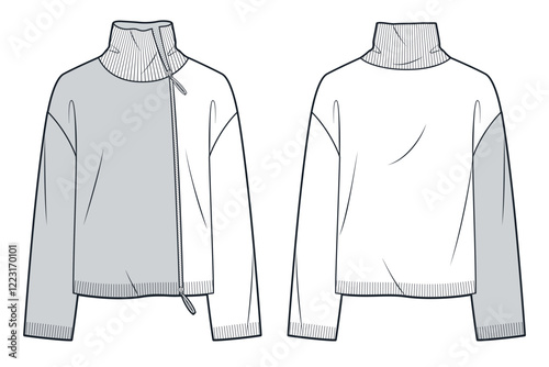 Zipped Sweater Cardigan technical fashion illustration. High-Neck Sweatshirt fashion flat technical drawing template, relaxed fit, front and back view, white, grey, women, men, unisex CAD mockup.