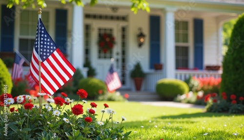 American flags in vibrant garden, summer daylight, Independence Day patriotic decor photo