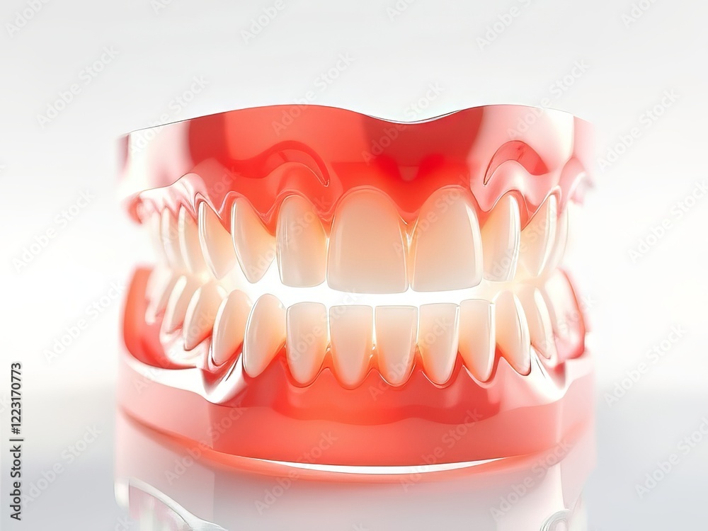 Obraz premium Vibrant Dentures on Glossy White Background - AI Photorealistic Dental Illustration