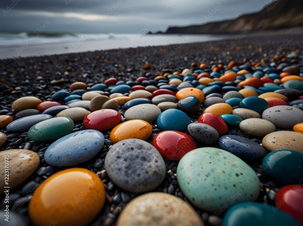 Obraz premium Brightly colourful pebbles scattered along a serene beach under an overcast sky. 