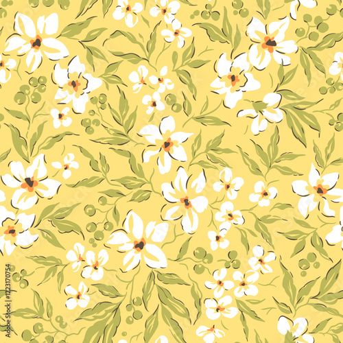 Vector seamless pattern. Cute pattern in small flowers. Small white flowers. Yellow background. Ditsy floral background.  Vintage template for fashion prints. Stock vector.